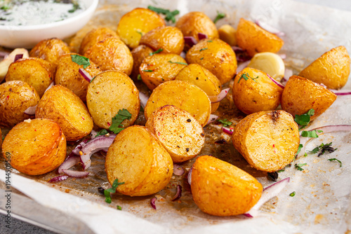 Bild auf Leinwand young baked potatoes, with chopped herbs and onions, cooked on a baking sheet, i