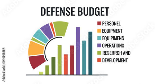 Defense budget breakdown illustrated with a pie chart and bar graph