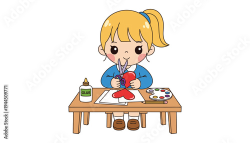 Girl painting a red heart with a paintbrush on paper