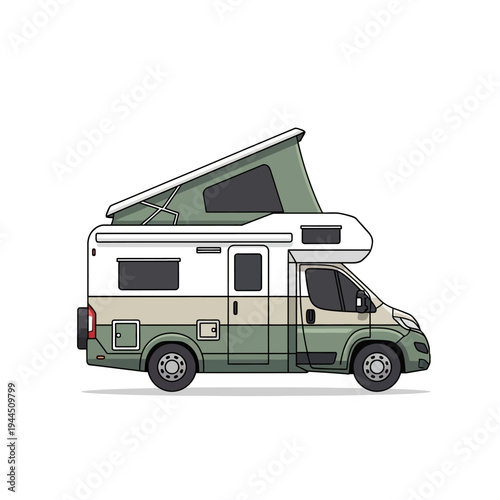 Modern camper van with pop-up roof, designed for comfortable travel and outdoor adventures.