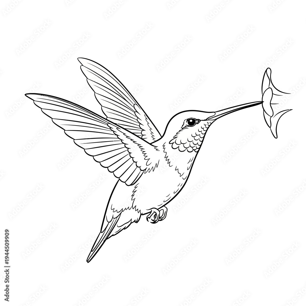 Obraz premium Line drawing of a hummingbird with its beak in a flower, capturing nectar.