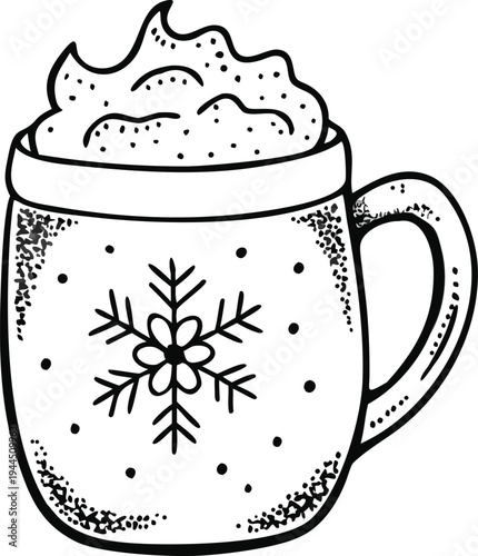 Hand Drawn Snowflake Mug with Whipped Cream and Dots Winter Drink Line Art
