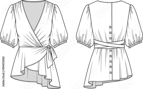 Women wrap blouse fashion technical drawing, front and back view short sleeve belted waist apparel vector template design