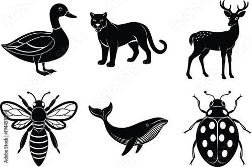 Black silhouettes of various animals and insect on white background