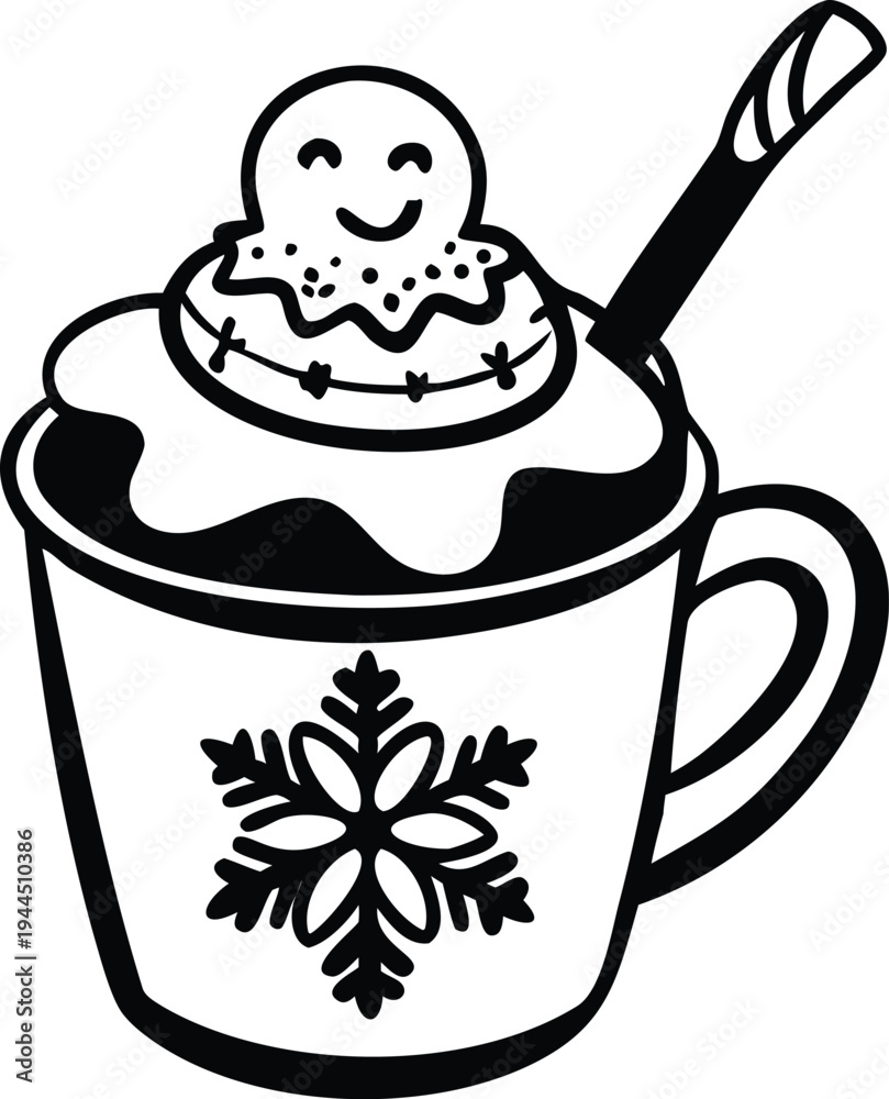 Obraz premium Hot Chocolate Mug with Gingerbread Man and Snowflake Design Festive Beverage Illustration