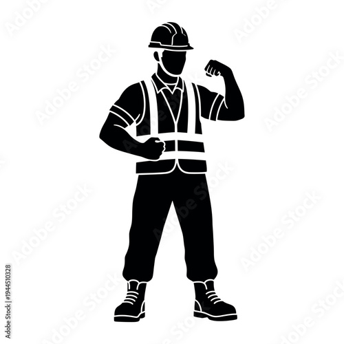 A black silhouette of a muscular construction worker or manual laborer posing to show his strength by flexing his biceps