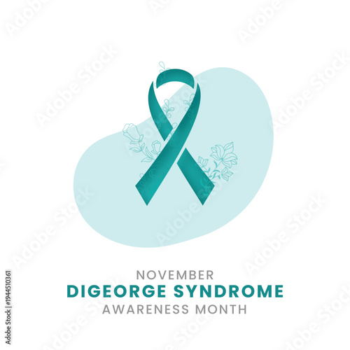 Awareness graphic for Digeorge Syndrome (22q11.2 deletion) in November featuring a cyan ribbon, silver shield, and floral line art variants for medical advocacy and education.