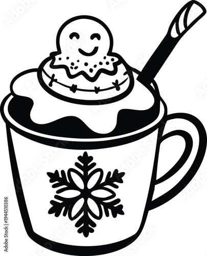 Hot Chocolate Mug with Gingerbread Man and Snowflake Design Festive Beverage Illustration