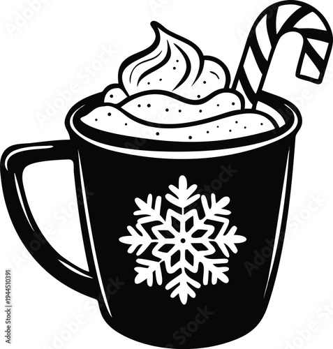 Hot Chocolate with Whipped Cream and Candy Cane Snowflake Mug Winter Drink