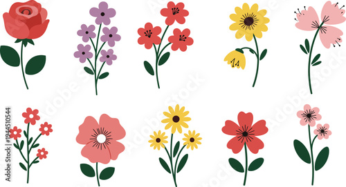 A beautiful vector illustration featuring a set of pink, red, and yellow tulips in a floral bouquet design for spring garden art and nature decoration