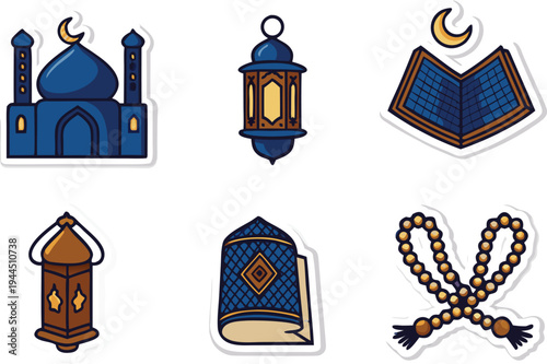 Islamic Icons Collection: Mosque Lanterns Quran Prayer BeadsFlat Design