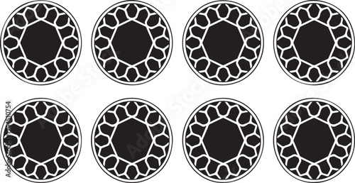 black and white geometric shapes arranged in circular patterns on a white background