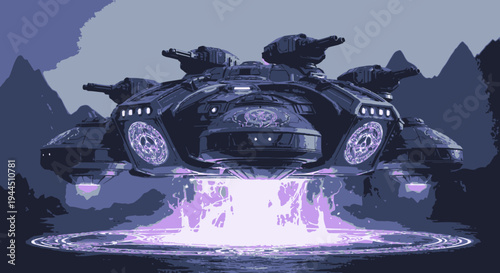Futuristic Battleship Hovering Above Alien Landscape, Sci-Fi Concept