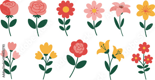 A seamless vector illustration of a spring nature pattern featuring a decorative bouquet of colorful pink and red tulip flowers and green leaves for a beautiful floral garden art design