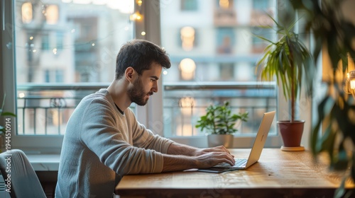 Man working on laptop at wooden table by window in apartment interior
