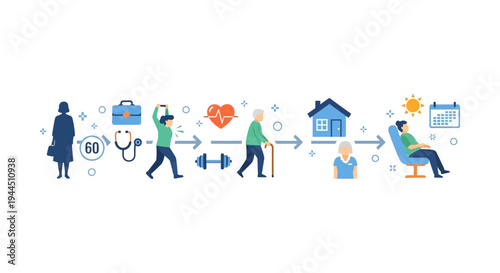 Retirement Journey: Planning for Active Senior Life with Health, Care, and Leisure. From Work to Golden Years Concept.