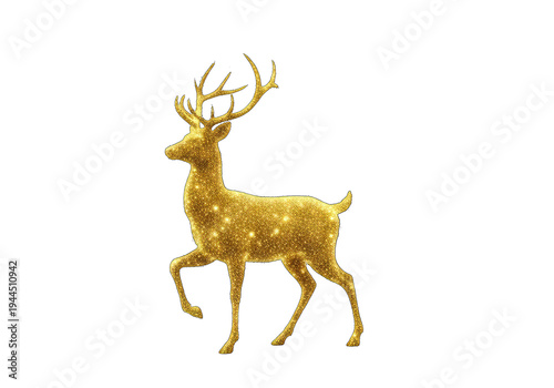 Golden glitter reindeer statue standing elegantly isolated on transparent background