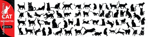 Black cat silhouettes vector illustration, diverse feline poses artwork, decorative animal icons, playful pet design elements, artistic nature inspired graphics, creative feline motif