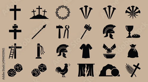Black silhouette icons of christianity symbols and biblical objects on brown background
