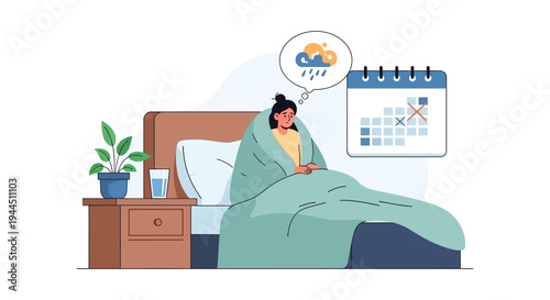 Sad Woman in Bed with Canceled Plans and Gloomy Thoughts. Illness, Depression, or Mental Health Concept.