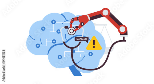 AI Brain Diagnosis & Risk Assessment: Robotic Arm with Stethoscope & Danger Warning, Symbolizing Digital Mental Health, Data Security, and AI Ethics.