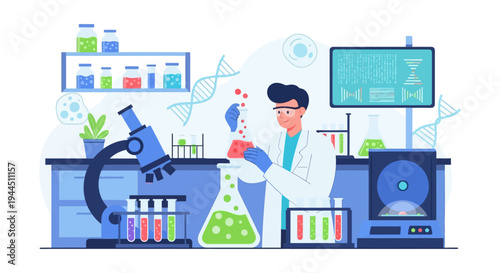 Scientist Performing Chemical Experiment in Modern Laboratory with DNA Research and Advanced Equipment