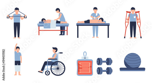 Physiotherapy and Rehabilitation Icons. Physical Therapy, Injury Recovery, Wellness, Medical Equipment, Exercise, Disability Support.