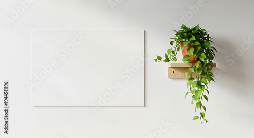Blank canvas on a white wall next to a hanging potted plant