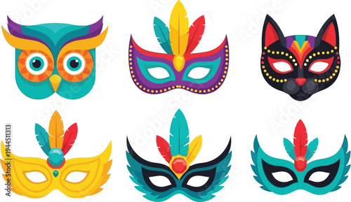 Children carnival mask. Abstract festival masks, animals faces, carnival mask collection, animal carnival mask set vector illustration