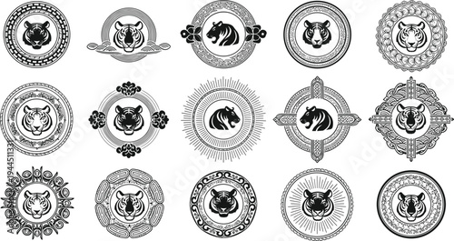 Vintage Tiger Head Emblem Badge Collection with Ornamental Frames, Heraldic Wildlife Symbols, Decorative Circular Logos, Engraved Line Art Crests, and Retro Animal Mascot Vector Set