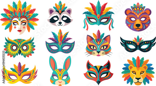 Children carnival mask. Abstract festival masks, animals faces, carnival mask collection, animal carnival mask set vector illustration