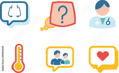 Medical Icons Set: Stethoscope Question Doctor Thermometer Family Heart