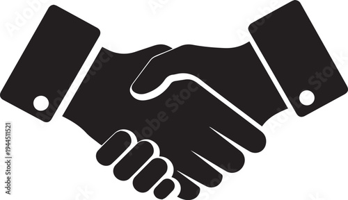 A professional black vector illustration of a handshake between two businessmen symbolizes a successful deal, agreement, and partnership concept during a corporate meeting