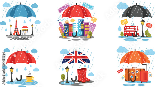 Travel and city protection concept with umbrellas covering landmarks transport luggage and buildings rainy weather tourism vector illustration set