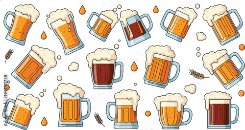 Beer mug vector collection featuring frothy lager ale and stout glasses with wheat stalks for brewery pub menu and Oktoberfest celebration party illustration designs.