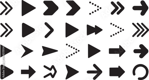 A comprehensive collection of diverse black arrow vector icons, essential for user interface design, navigation, and graphic projects