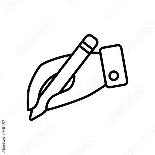 Illustrated hand holding sharpened pencil in writing pose.