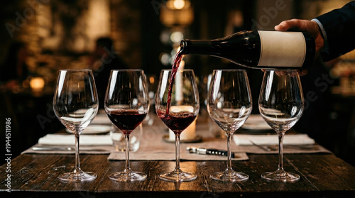 Passionate sommelier hands pour rich red wine from dark bottle into elegant glass on wooden table during sophisticated tasting event in dim restaurant creating warm dining experience