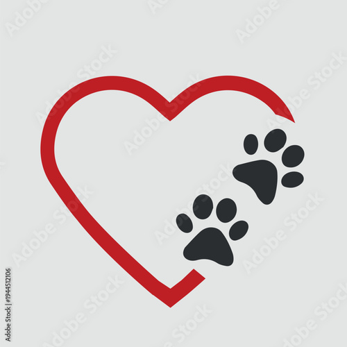 Animal love symbol paw print with heart, isolated vector 
