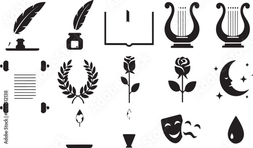 A comprehensive collection of black silhouette vector icons featuring a nature-inspired set of tree, flower, and plant symbols alongside winter holiday and food illustrations for professional design