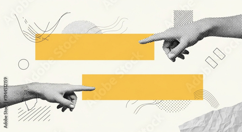 Abstract Hands Pointing to Yellow Rectangles with Geometric Shapes and Lines, Digital Art