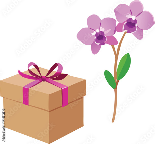 Orchid Flowers and Gift Box with Pink Ribbon on White Background Top View Minimalist