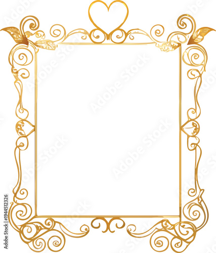 Ornate Golden Border with Heart Accents and Swirls Decorative Element Isolated on White