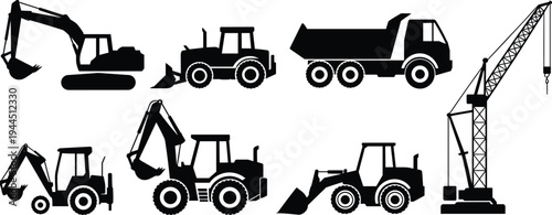 Collection of construction vehicle silhouettes featuring excavator, front loader, dump truck, tower crane, backhoe loader, skid steer, and wheel loader for heavy machinery,