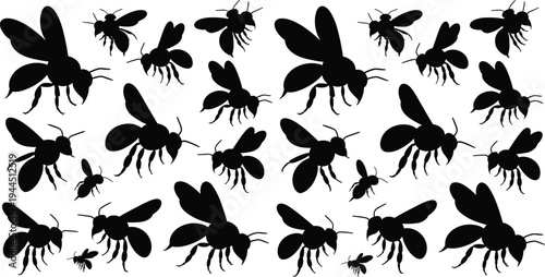 Collection of bee silhouettes featuring diverse sizes, wings, antennae, and body postures arranged in grid format for nature, insect, entomology, and design themes.