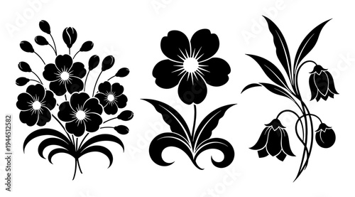 Element Black Silhouettes of Flowers Isolated