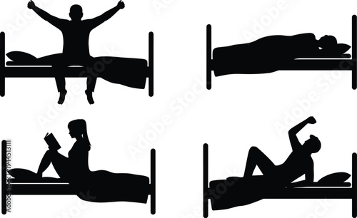 Collection of bed activity silhouettes featuring people sleeping, waking, stretching, reading, and relaxing in diverse postures for lifestyle, home, and design themes.