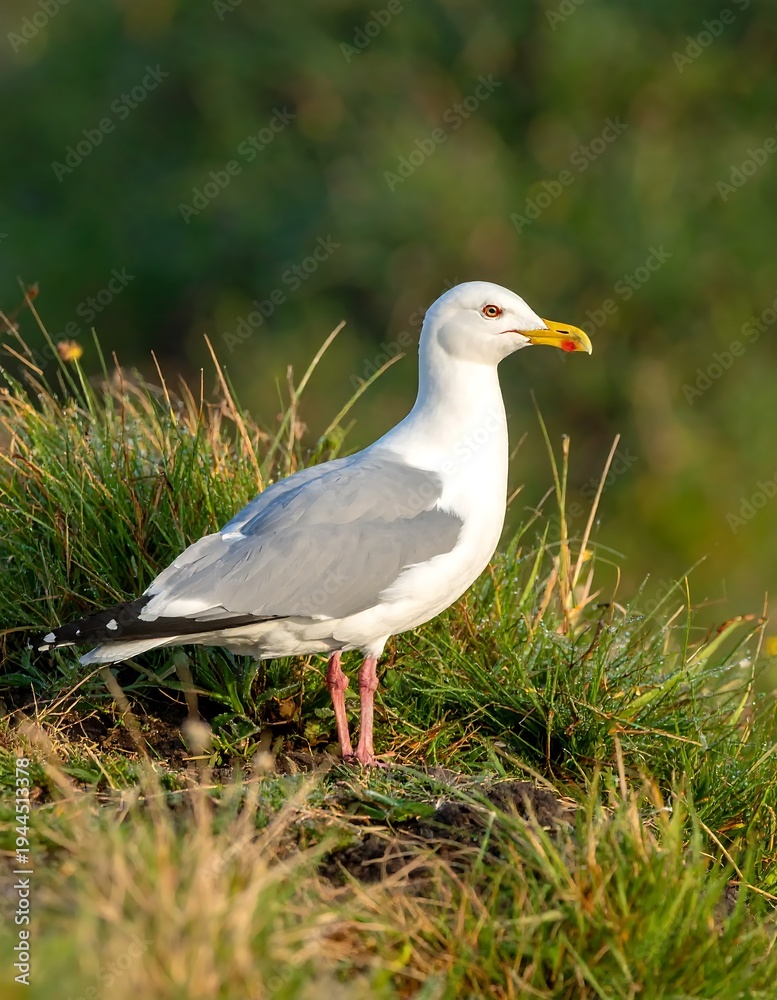 Obraz premium Alert Seagull Standing Tall in Grassy Coastal Habitat.