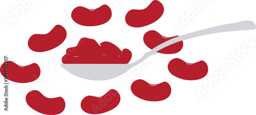 Red kidney beans with spoon illustration, healthy organic legumes food ingredient concept, vegetarian protein nutrition isolated on white background