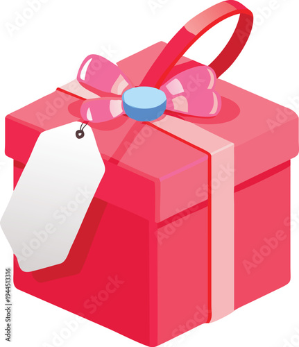 Red Hexagonal Gift Box with Pink Ribbon and Blank Tag  Illustration